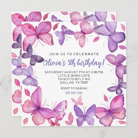 Paarse en Roze Vlinder Meisje Verjaardag Kaart (Voorkant / Achterkant)