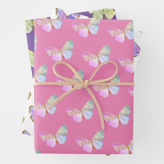 Paarse en roze vlinder thema cadeau inpakpapier vel (In situ)