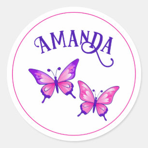 Paarse en roze vlinderduo met naam ronde sticker