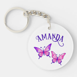 Paarse en roze vlinderduo met naam sleutelhanger