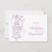 Paarse en roze vogels open kaart voor de bruiloft (Voorkant)
