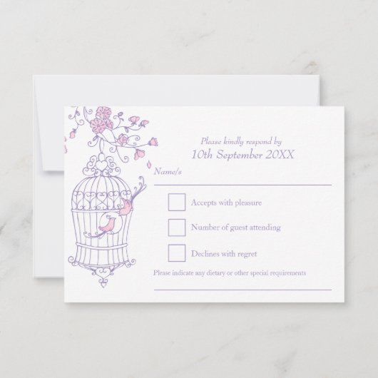 Paarse en roze vogels open kaart voor de bruiloft (Achterkant)