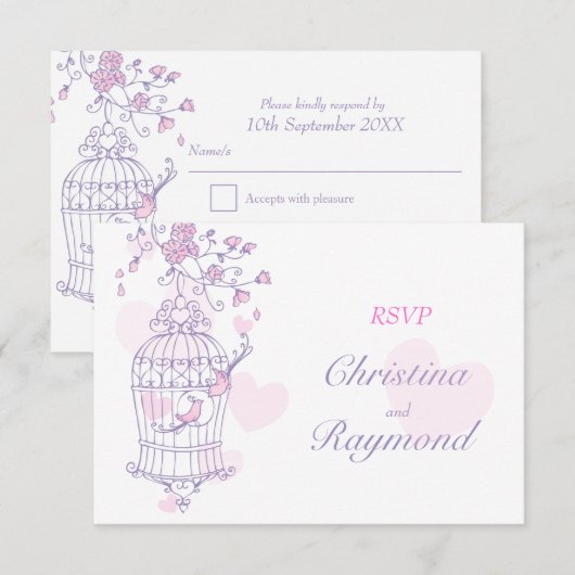 Paarse en roze vogels open kaart voor de bruiloft (Voorkant / Achterkant)