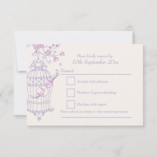 Paarse en roze vogels open kooibruiloft RSVP (Achterkant)