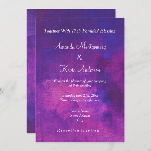 Paarse en roze Waterverf Abstract huwelijk Kaart (Voorkant / Achterkant)