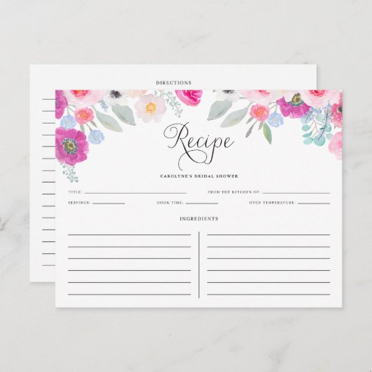Paarse en roze Waterverf Anemonen Recipe Kaart (Voorkant / Achterkant)