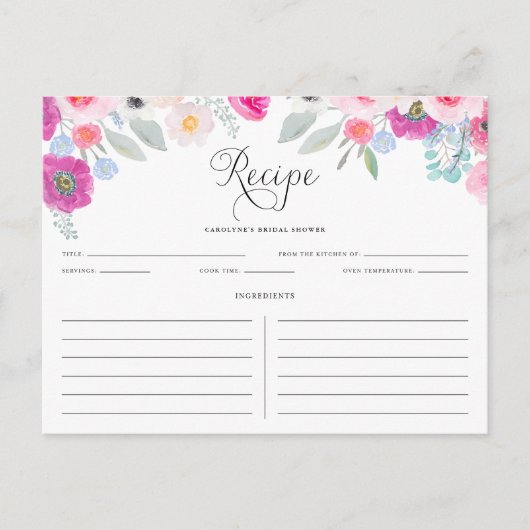 Paarse en roze Waterverf Anemonen Recipe Kaart (Voorkant)
