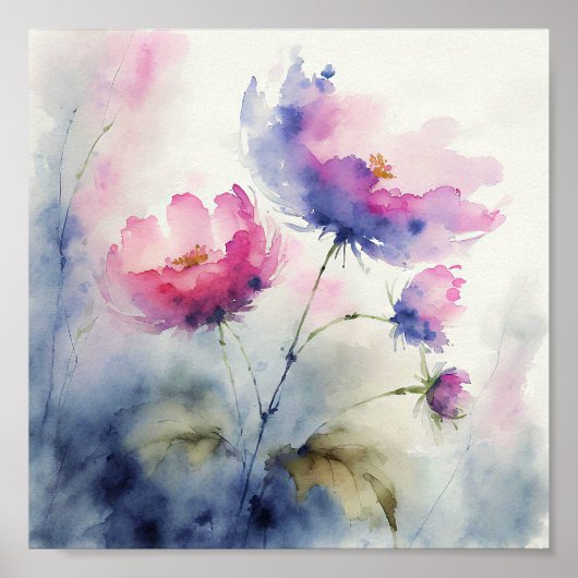 Paarse en roze waterverf bloemen kunst poster (Voorkant)