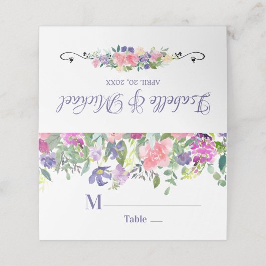 Paarse en roze Waterverf bloemenbruiloft Plaatskaartje (Buitenkant ongevouwen)