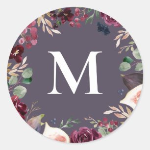Paarse en roze waterverf bloeminitiaal ronde sticker