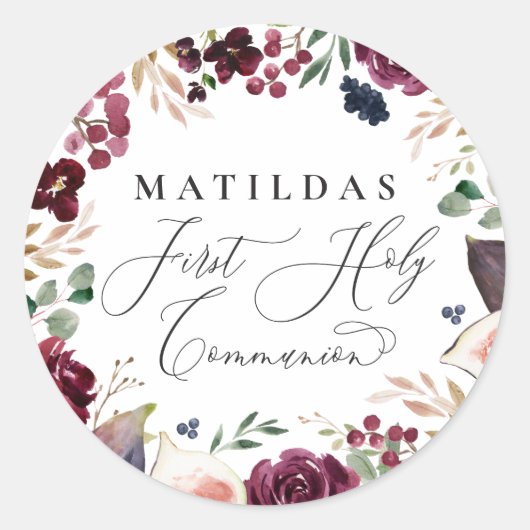 Paarse en roze waterverf bloemmotief heilige commu ronde sticker (Voorkant)