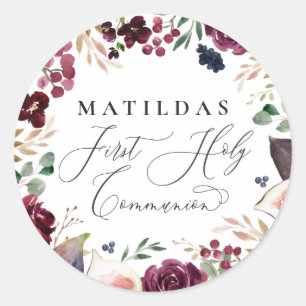 Paarse en roze waterverf bloemmotief heilige commu ronde sticker