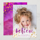 Paarse en Roze Waterverf en Goud Geloof Foto Feestdagenkaart (Voorkant / Achterkant)