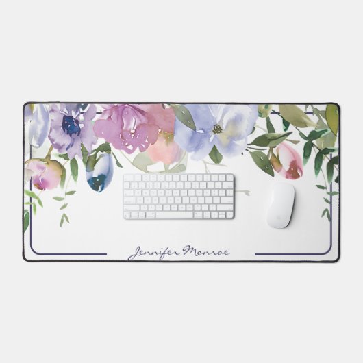 Paarse en roze waterverf floraal gepersonaliseerd bureaumat (Keyboard & Muis)