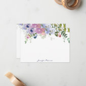Paarse en roze waterverf floraal gepersonaliseerd notitiekaartje (Voorkant / Achterkant in situ)