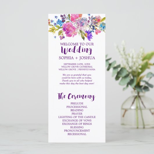 Paarse en roze Waterverf Flowers Wedding Programme Programmakaart (Staand voorkant)