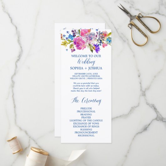 Paarse en roze Waterverf Flowers Wedding Programme Programmakaart (Voorkant / Achterkant in situ)