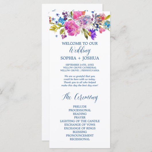 Paarse en roze Waterverf Flowers Wedding Programme Programmakaart (Voorkant / Achterkant)