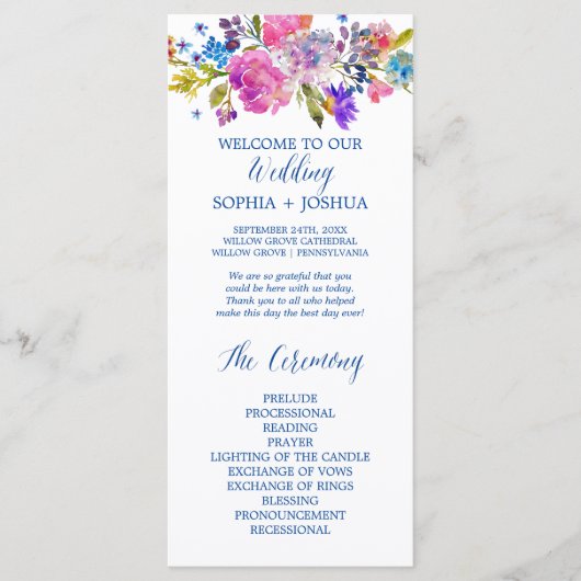 Paarse en roze Waterverf Flowers Wedding Programme Programmakaart (Voorkant)