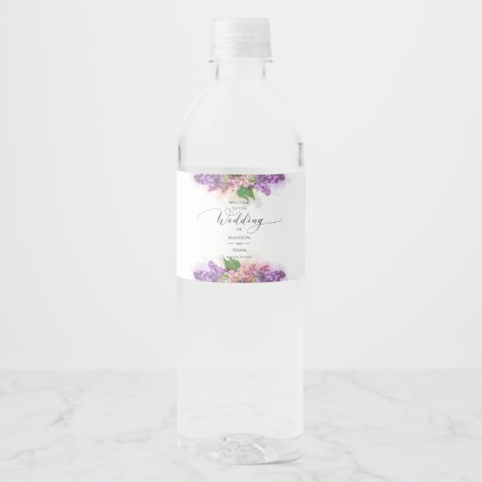 Paarse en roze Waterverf Lila bloemen bruiloft Waterfles Etiket (Voorkant)
