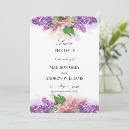 Paarse en roze Waterverf Lilacs Wedding Save The Date (Staand voorkant)
