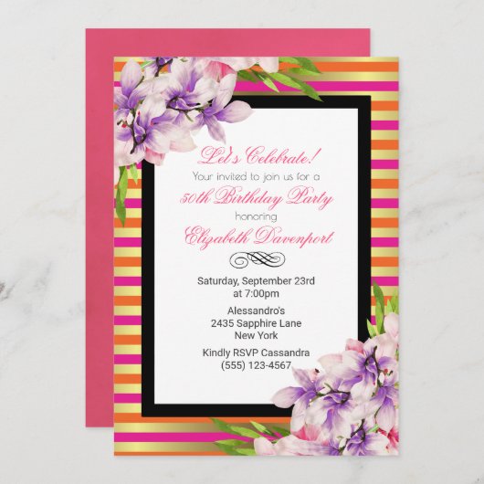 Paarse en roze Waterverf Magnolia Birthday Kaart (Voorkant / Achterkant)