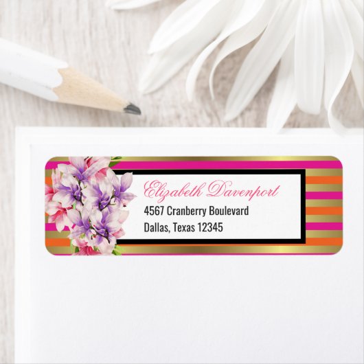 Paarse en roze Waterverf Magnolia en Stripes Etiket (Insitu)