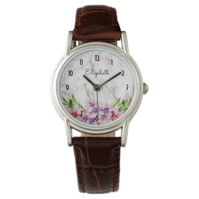 Paarse en Roze Waterverf Magnolia Wit Marmer Horloge (Voorkant)