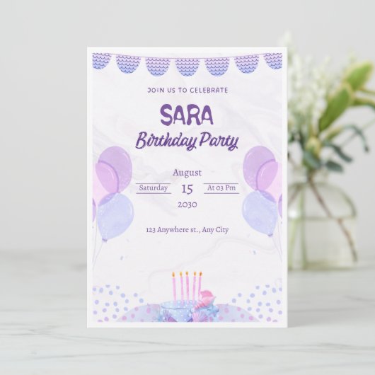 Paarse en Roze Waterverf Verjaardagsuitnodiging Kaart (Staand voorkant)