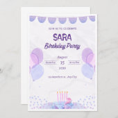 Paarse en Roze Waterverf Verjaardagsuitnodiging Kaart (Voorkant / Achterkant)