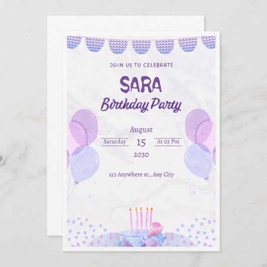 Paarse en Roze Waterverf Verjaardagsuitnodiging Kaart (Voorkant / Achterkant)