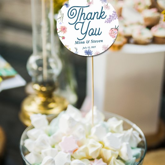 Paarse en roze wilde bloemen Dank u bruiloft Ronde Sticker