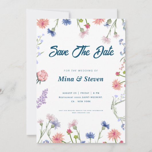 Paarse en roze wilde bloemen omlijst het bruiloft save the date (Voorkant)