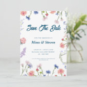 Paarse en roze wilde bloemen omlijst het bruiloft save the date (Staand voorkant)