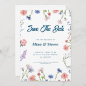 Paarse en roze wilde bloemen omlijst het bruiloft save the date (Voorkant / Achterkant)