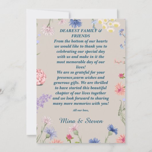 Paarse en roze wilde bloemen omlijst het huwelijk bedankkaart (Achterkant)