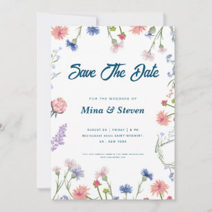 Paarse en roze wilde bloemen omlijsten Huwelijk  Save The Date