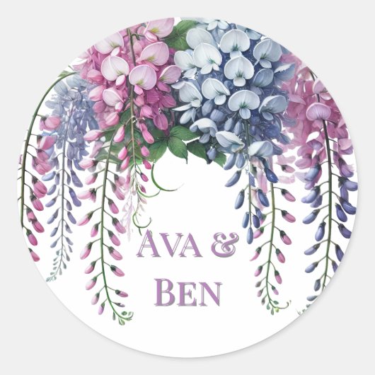Paarse en Roze Wisteria Flower Wedding Ronde Sticker (Voorkant)