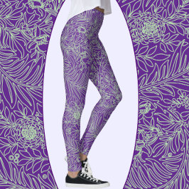 Paarse en Sage Green Elegante Bloemen en Wijnen Leggings