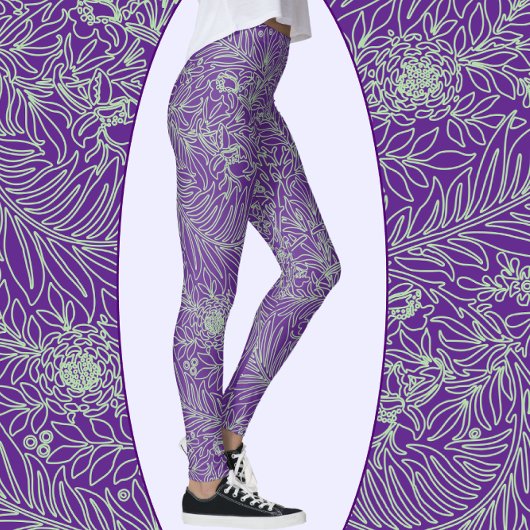 Paarse en Sage Green Elegante Bloemen en Wijnen Leggings