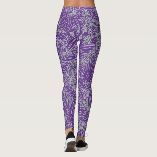 Paarse en Sage Green Elegante Bloemen en Wijnen Leggings (Achterkant)