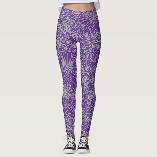 Paarse en Sage Green Elegante Bloemen en Wijnen Leggings (Voorkant)