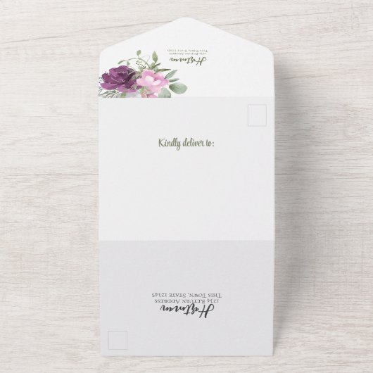 Paarse en Salie Bloemen Rustieke bruiloft All In One Uitnodiging (Buitenkant)