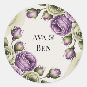 Paarse en saliegroene rozen waterverf bruiloft ronde sticker