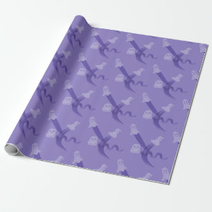 Paarse en schattige geesten vliegen op een lila cadeaupapier