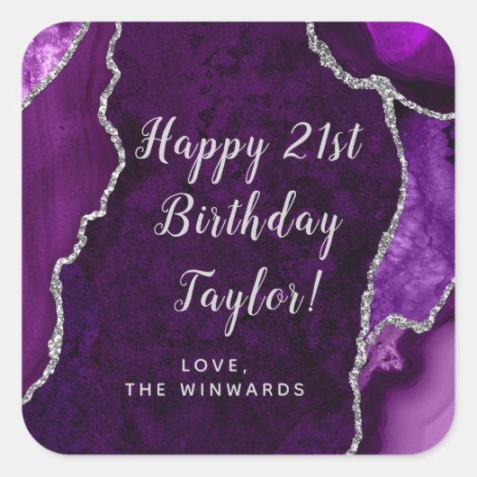 Paarse en Silver Agaat Happy Birthday Vierkante Sticker (Voorkant)
