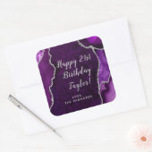 Paarse en Silver Agaat Happy Birthday Vierkante Sticker (Envelop)