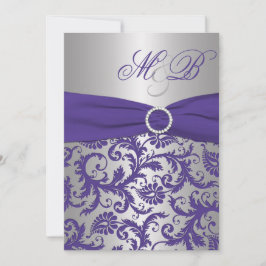 Paarse en Silver Damask Monogrammed Invitation Kaart