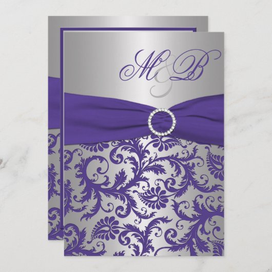 Paarse en Silver Damask Monogrammed Invitation Kaart (Voorkant / Achterkant)