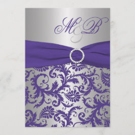 Paarse en Silver Damask Monogrammed Invitation Kaart